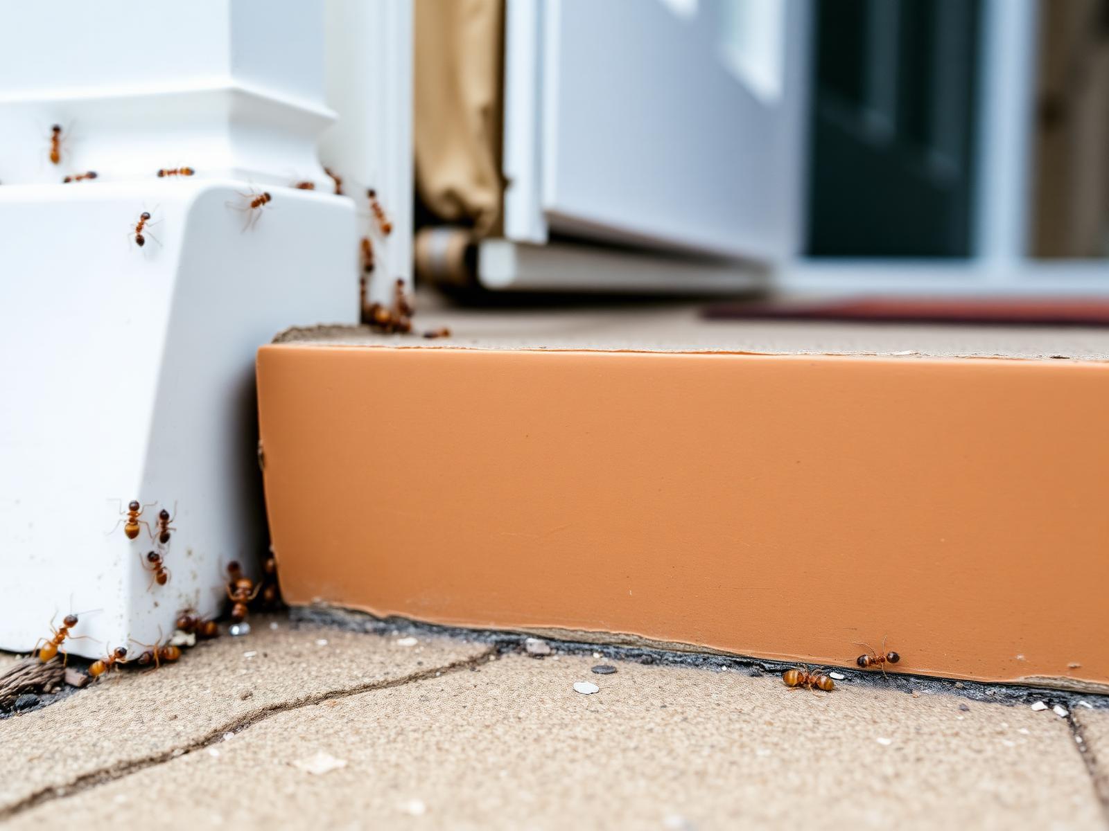 Ant trail along the exterior foundation of a residential home near a doorway