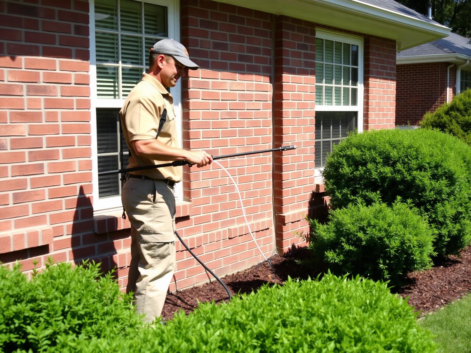 Pest control technician performing a seasonal exterior perimeter treatment on a residential home