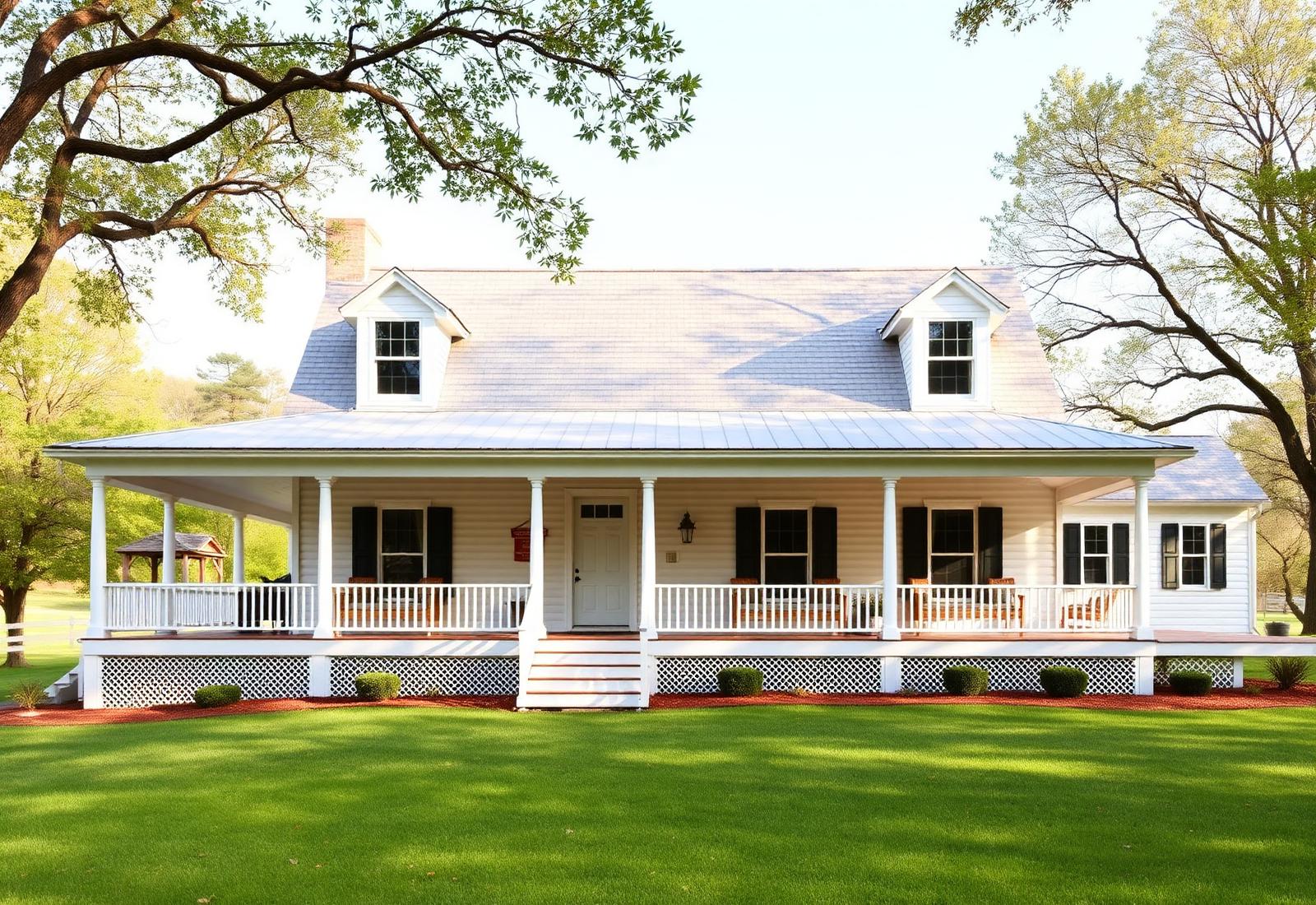 Traditional white farmhouse with a wraparound porch on a rural Mount Pleasant, Tennessee property