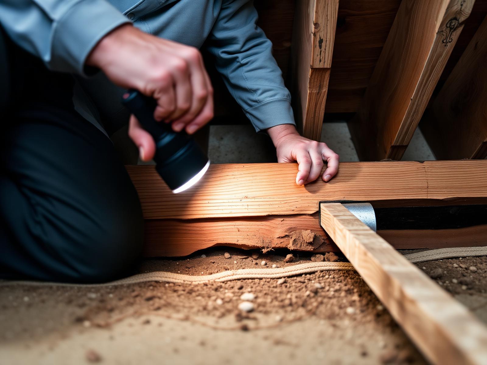 Pest control technician inspecting wooden floor joists and foundation for termite damage