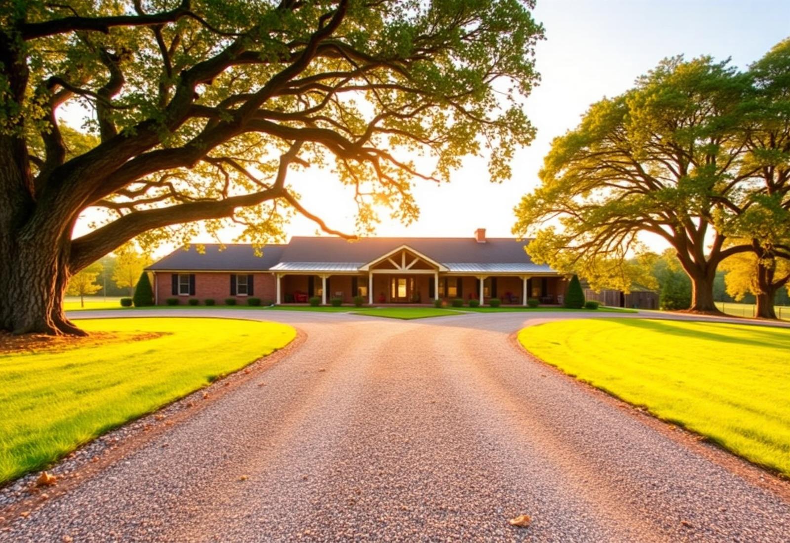 Country brick ranch home with a long gravel driveway and mature oak trees in Chapel Hill, Tennessee