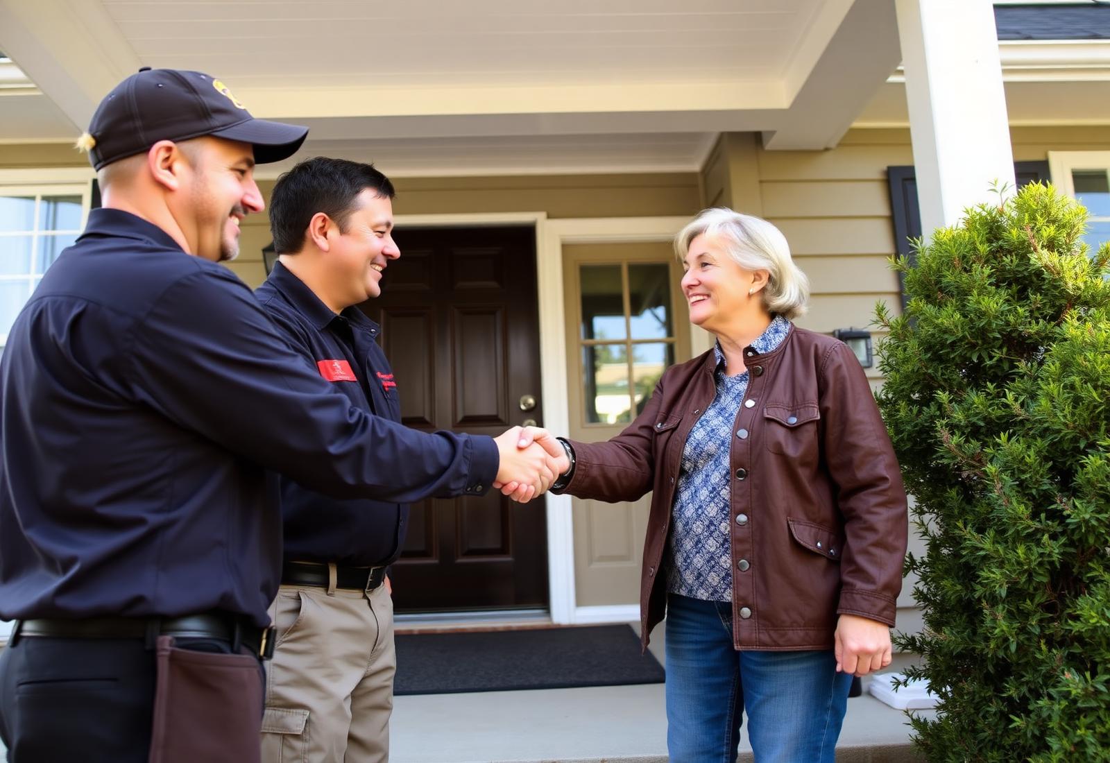 Pest control technicians greeting a homeowner at the front door of a Tennessee home