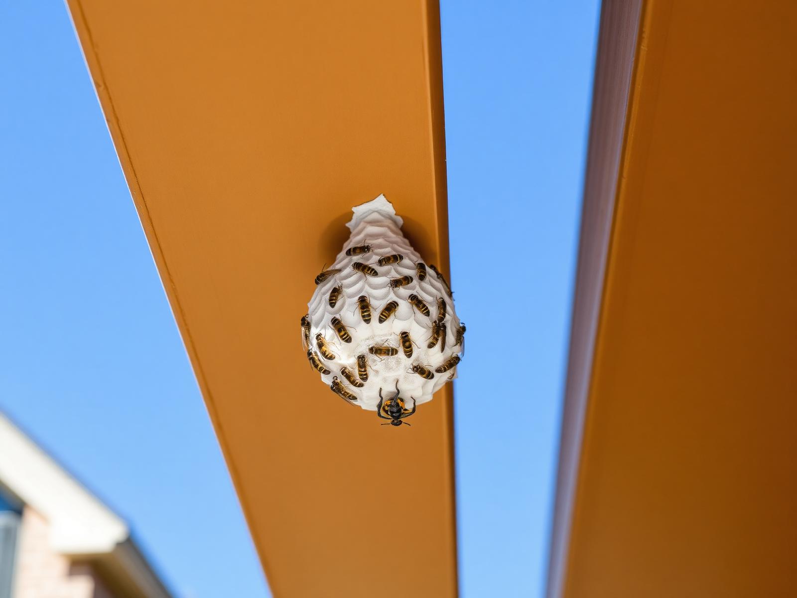 Active wasp nest under the eave of a residential home roofline